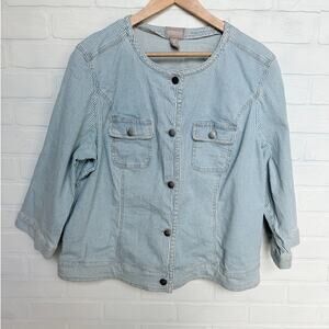 Chico's Blue White Pinstripe Denim Style Cotton Button Jacket sz 12/14 2